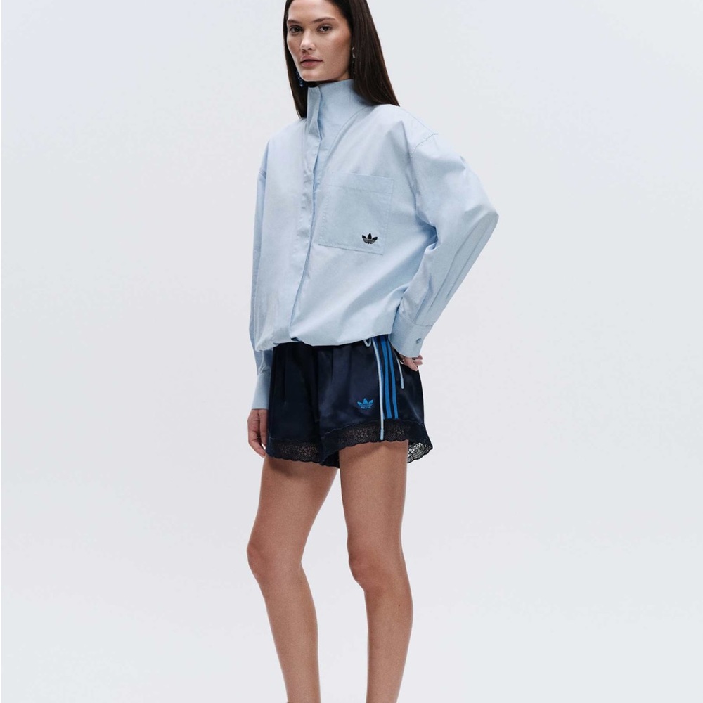 adidas Originals x ASOS regular fit lace hem shorts in navy satin - Picture 2 of 5